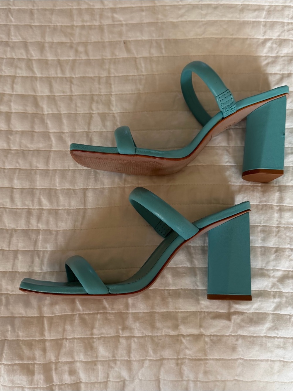 Schutz Ully Turquoise Block Double-Strap Square-Toe Heeled Sandals 7.5 - Picture 5 of 6